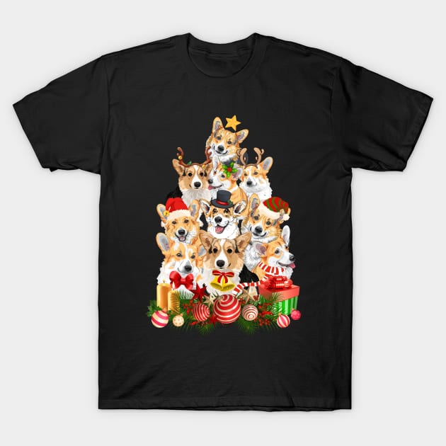 Christmas Tree Corgi Dog Wearing A Santa Hat Gifts For Dog Lover T-Shirt by mittievance